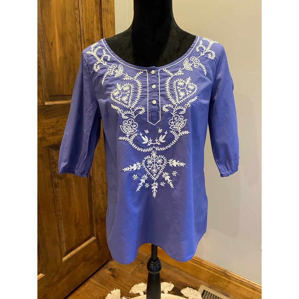 GAP‎ Periwinkle 3/4 Sleeve Embroidery Boho Peasant Blouse Womens Size Medium Top
